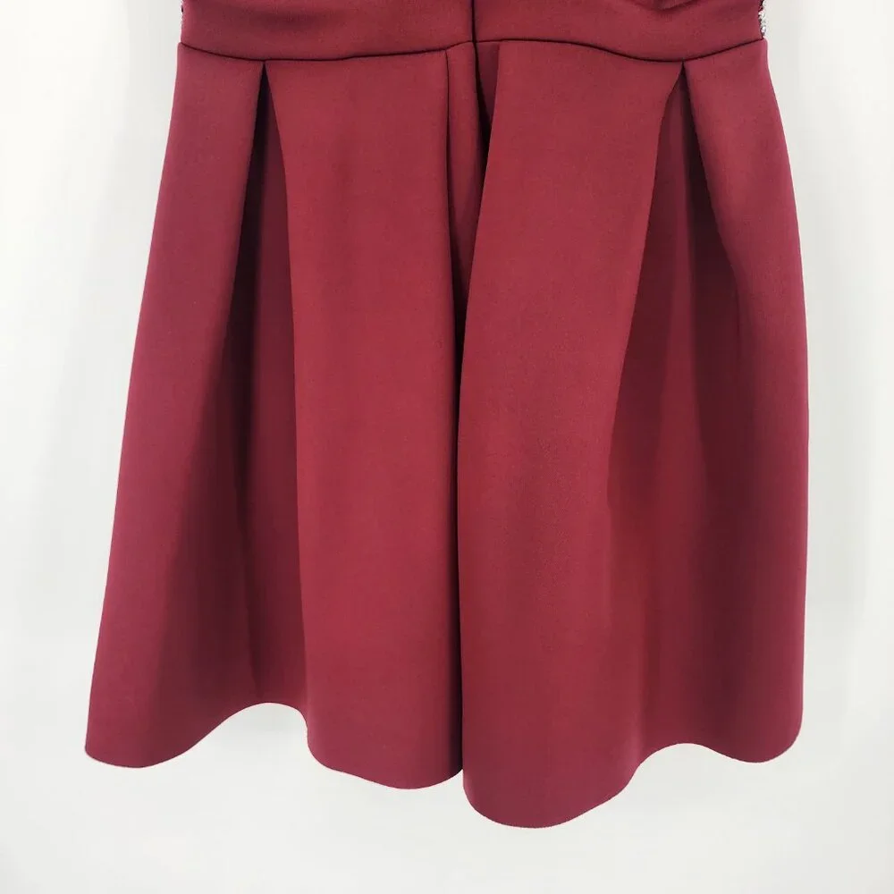 ASOS Fit & Flare Mini Dress 8 Cocktail Plunge V Neck Skater Embellished Burgundy - Picture 8 of 11